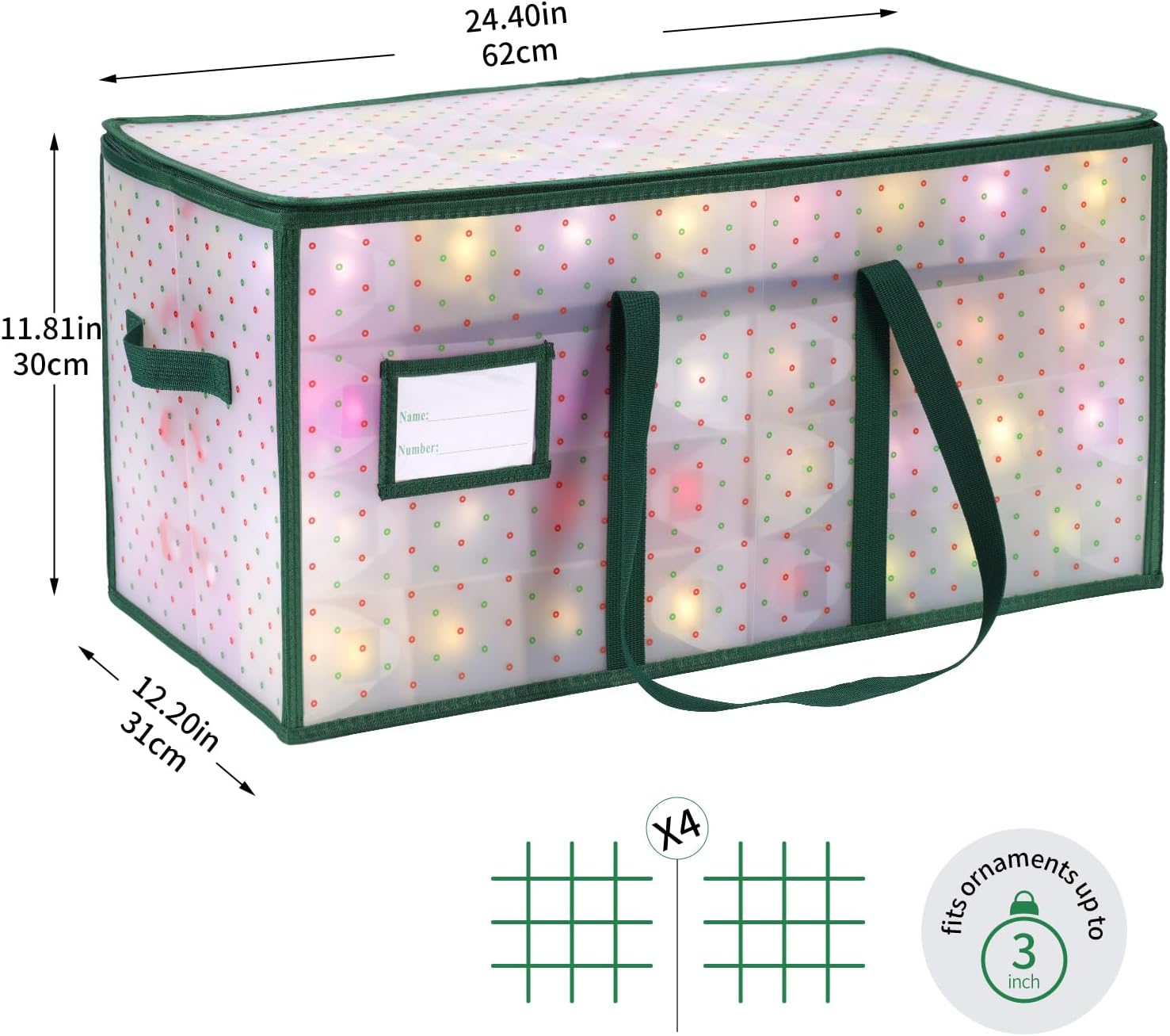Portable Waterproof Christmas Ornament Storage Box, Large Capacity 128 Slots for 3-Inch Ornaments, Double-Sided Trays