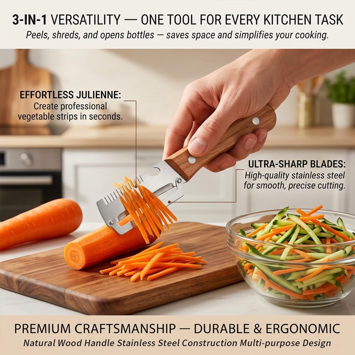 Premium Vegetable Peeler with Wooden Handle and Bottle Opener, Multi-Functional Vegetable Peeler for Kitchen, Kitchen