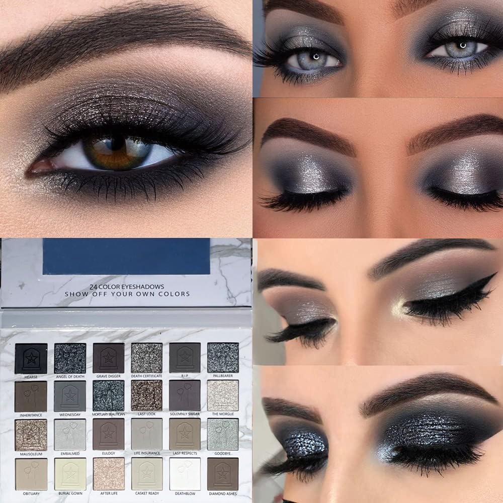 24Colors Black Grey Smokey Eyeshadow Palette, Matte Black Smoky Eye Shadow Palette, Shimmer High Pigmented Basic
