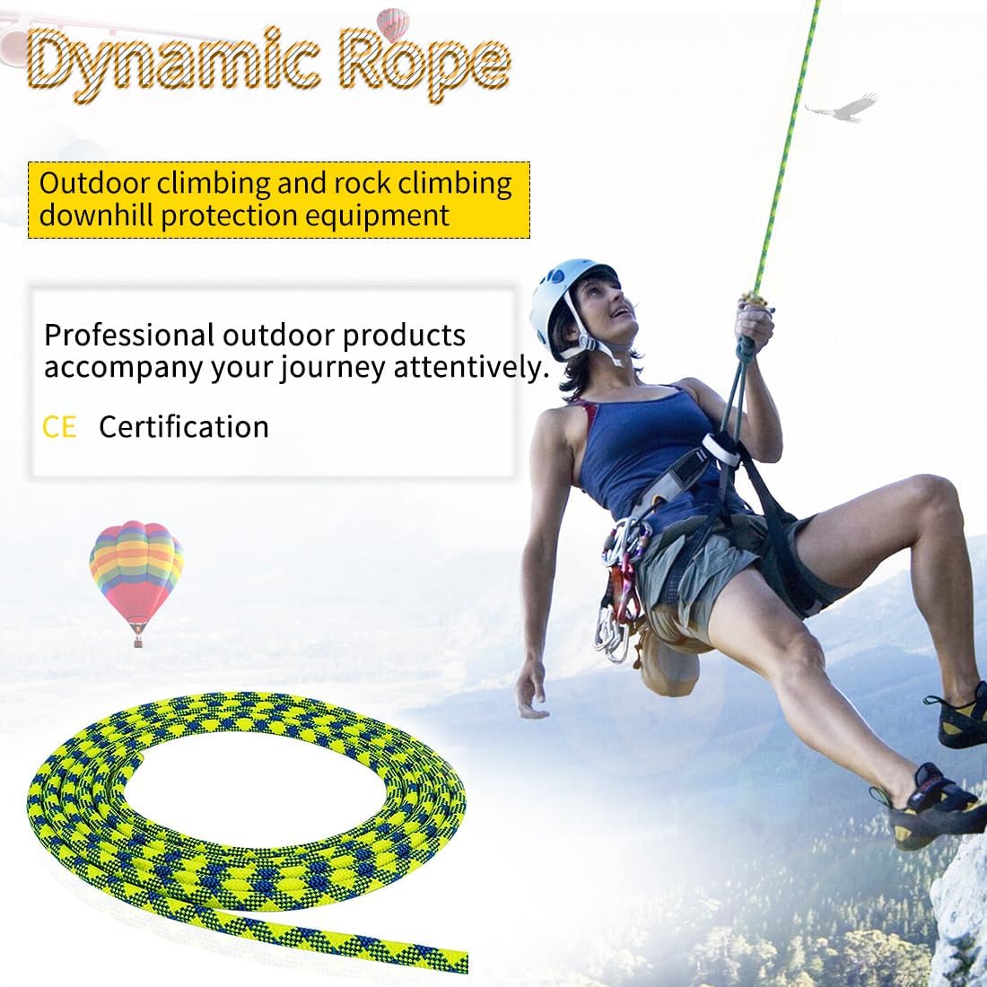 10.5mm(2/5in) Dynamic Rope,24KN(5231 lb) Robust Nylon Kernmantle,3 Sizes Multipurpose Rope for Outdoor Mountaineering