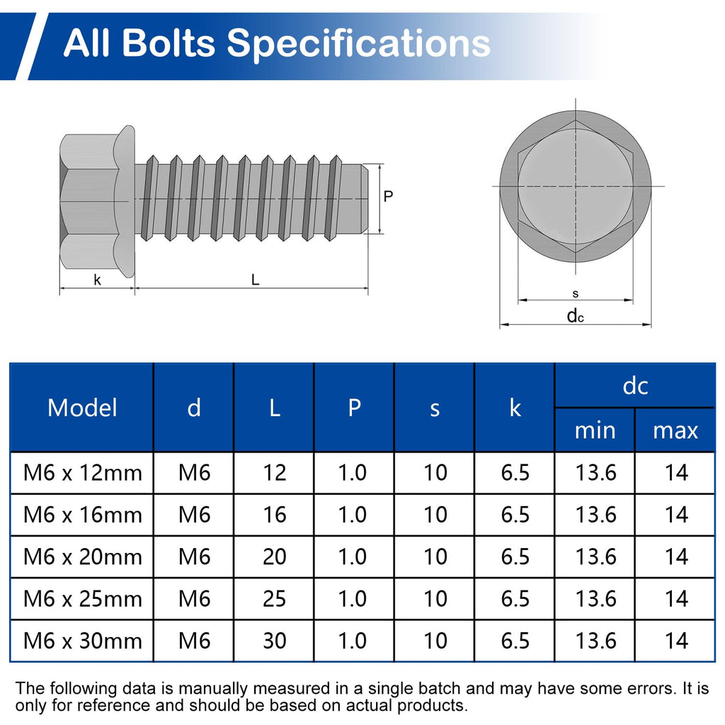 M6-1.0 x 16mm Flanged Hex Head Bolts, 55Pcs Serrated Flange Bolt