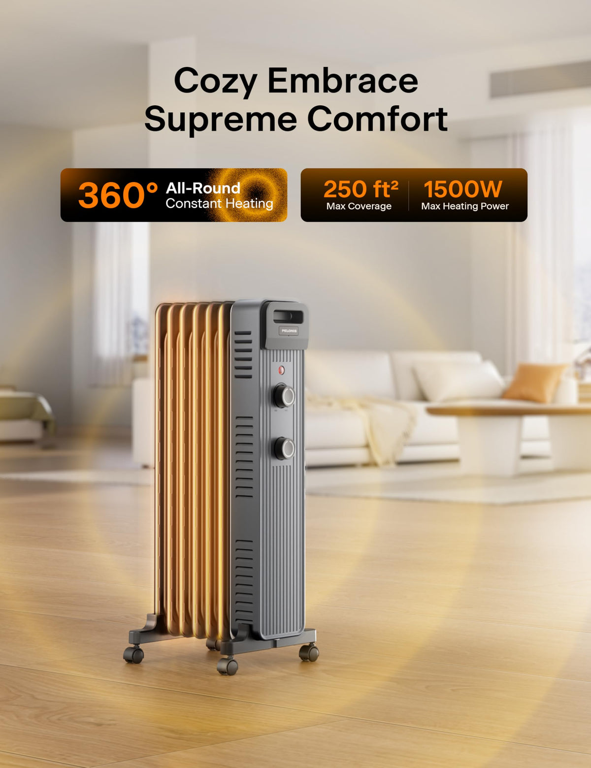 Oil Filled Space Heater for Indoor Use with Adjustable Thermostat