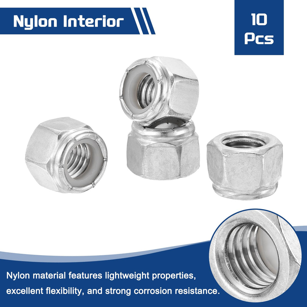 Kozelo 10Pcs 1/2"-13 Nylon Locking Hex Nuts 316 StainlessSteel Silver