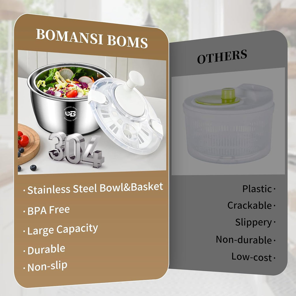 5.3 Qt Stainless Steel Salad Spinner, BOMANSI BOMS Large Salad Spinners Vegetable Spinner, Lettuce Spinner, Fruit