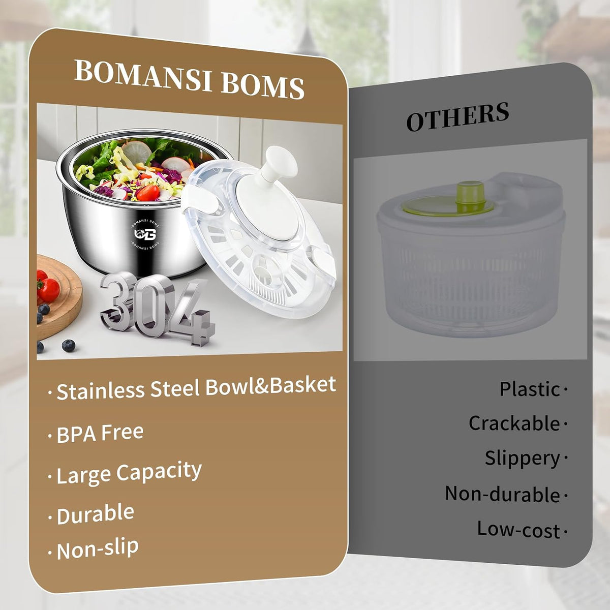 5.3 Qt Stainless Steel Salad Spinner, BOMANSI BOMS Large Salad Spinners Vegetable Spinner, Lettuce Spinner, Fruit