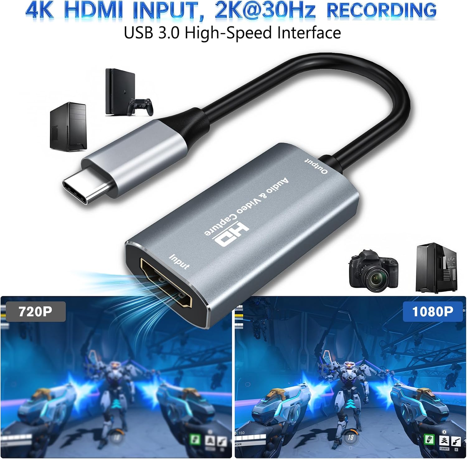 Video Capture Card, 4K USB3.0 HDMI to USB C, 1080P60FPS HDMI Capture Card for Streaming, Gaming, Video Recording