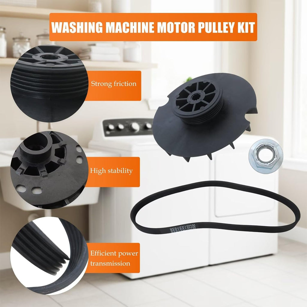 WH03X32218 Washer Motor Pulley & Belt w/Nut Set for GE Hotpoint Models GTW460ASJAWW， GTW465ASN1WW， GTW465ASN3WW， GTW465ASN8WW,Replaces WH07X24695 WH39X27601
