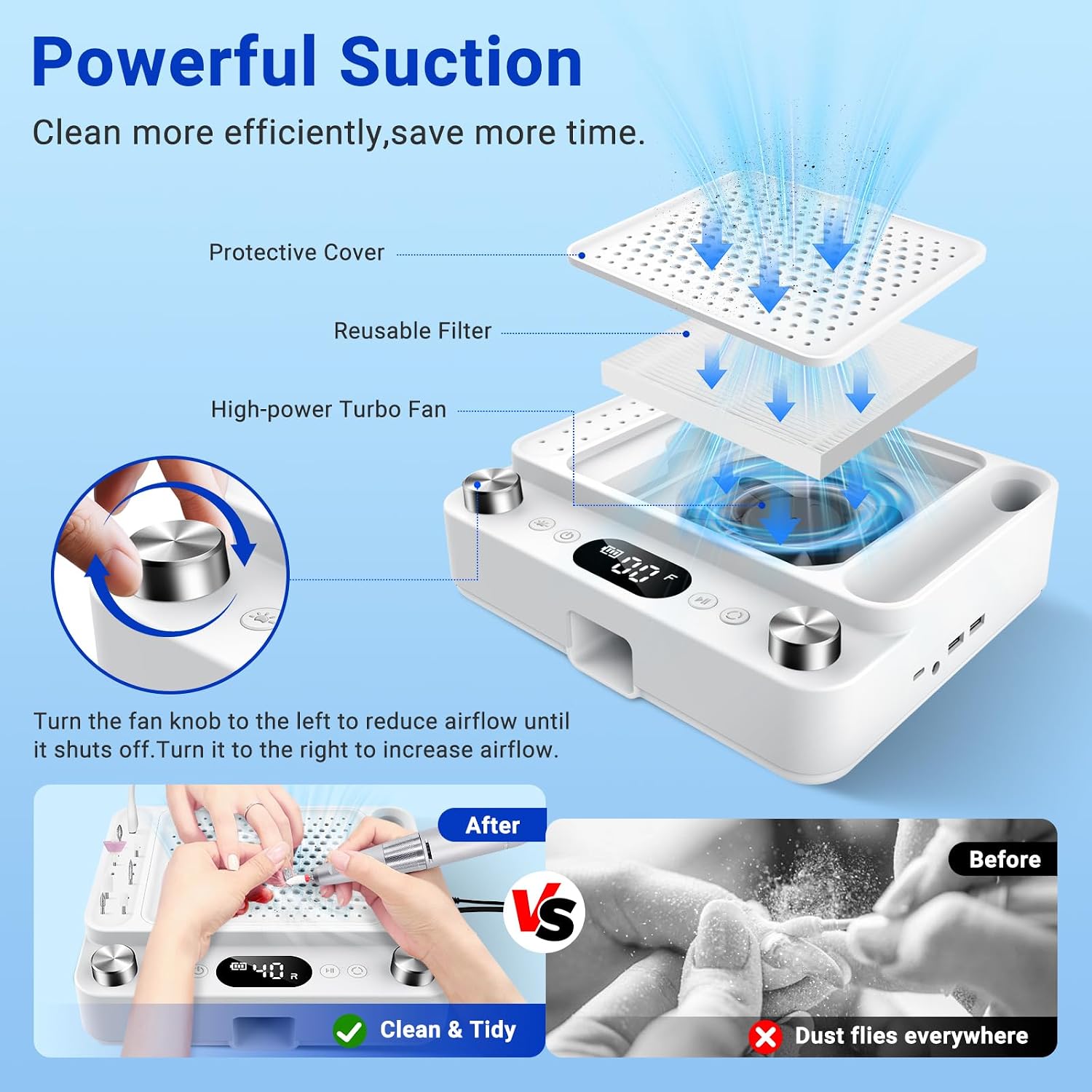 4-in-1 Nail Dust Collector,Electric Nail Drill,UV LED Lamp & Fill Light | Professional 40000 RPM Electric Nail