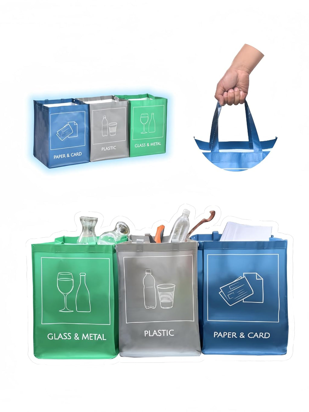 Reusable Recycle Bags, 3-Piece Separate Recycling Bin Set for Home, Kitchen, and Office - Waterproof Recyclable Waste