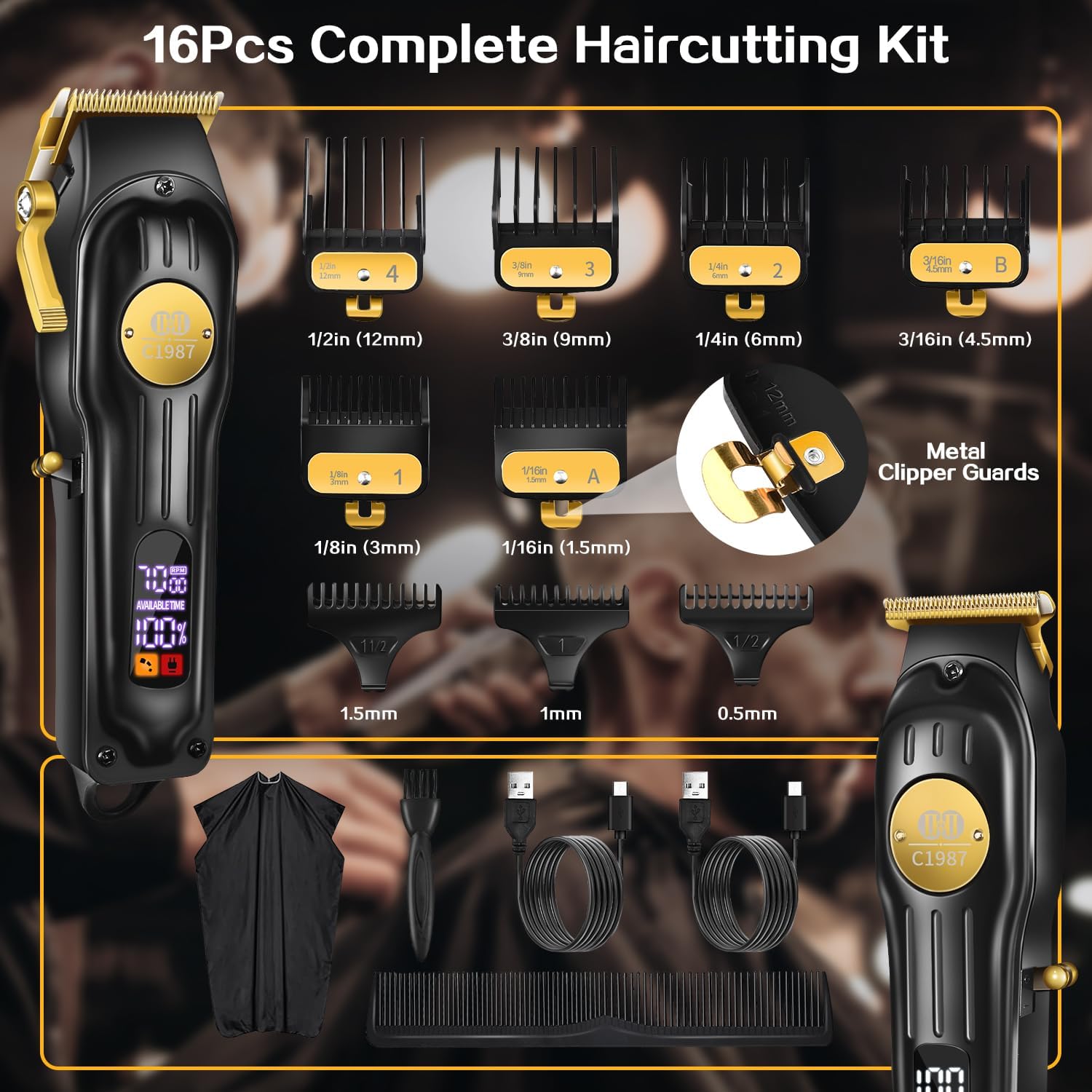 Mens Hair Clippers and Trimmers Set, Cordless Barber Haircut Kit | Professional Clippers for Hair Cutting Kit