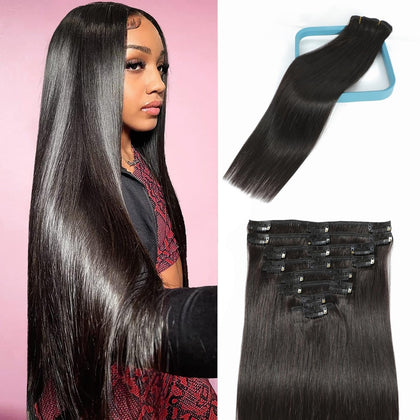 Clip in Hair Extensions Real Human Hair, 18 Inch 100g/3.6oz, 1B Natural Black, Clip in 100% Brazilian Remy Human Hair