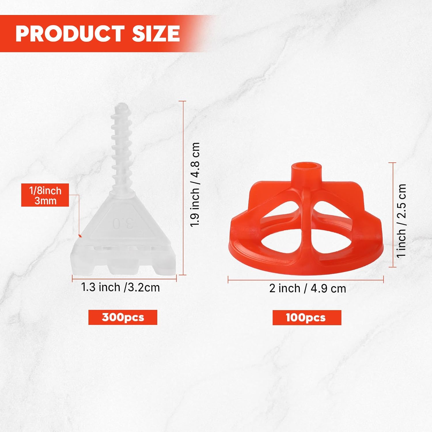 Tile Leveling System 1/8 Inch, 300 Tile Spacers and 100 Red Cap