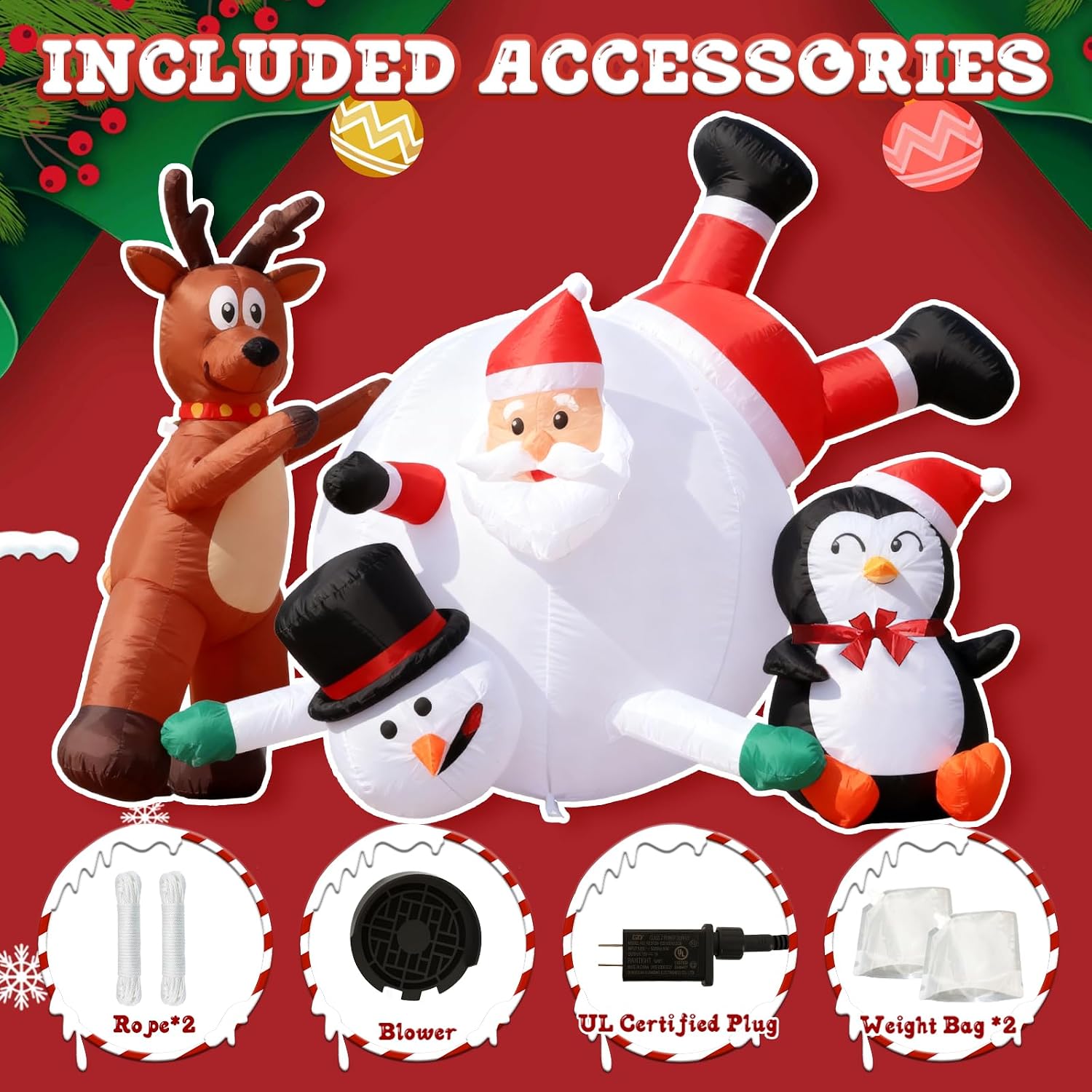 6FT Inflatable Santa Snowball Scene with LED Lights for Yard | Penguin reindeer snowman blow up decorations, Built-in