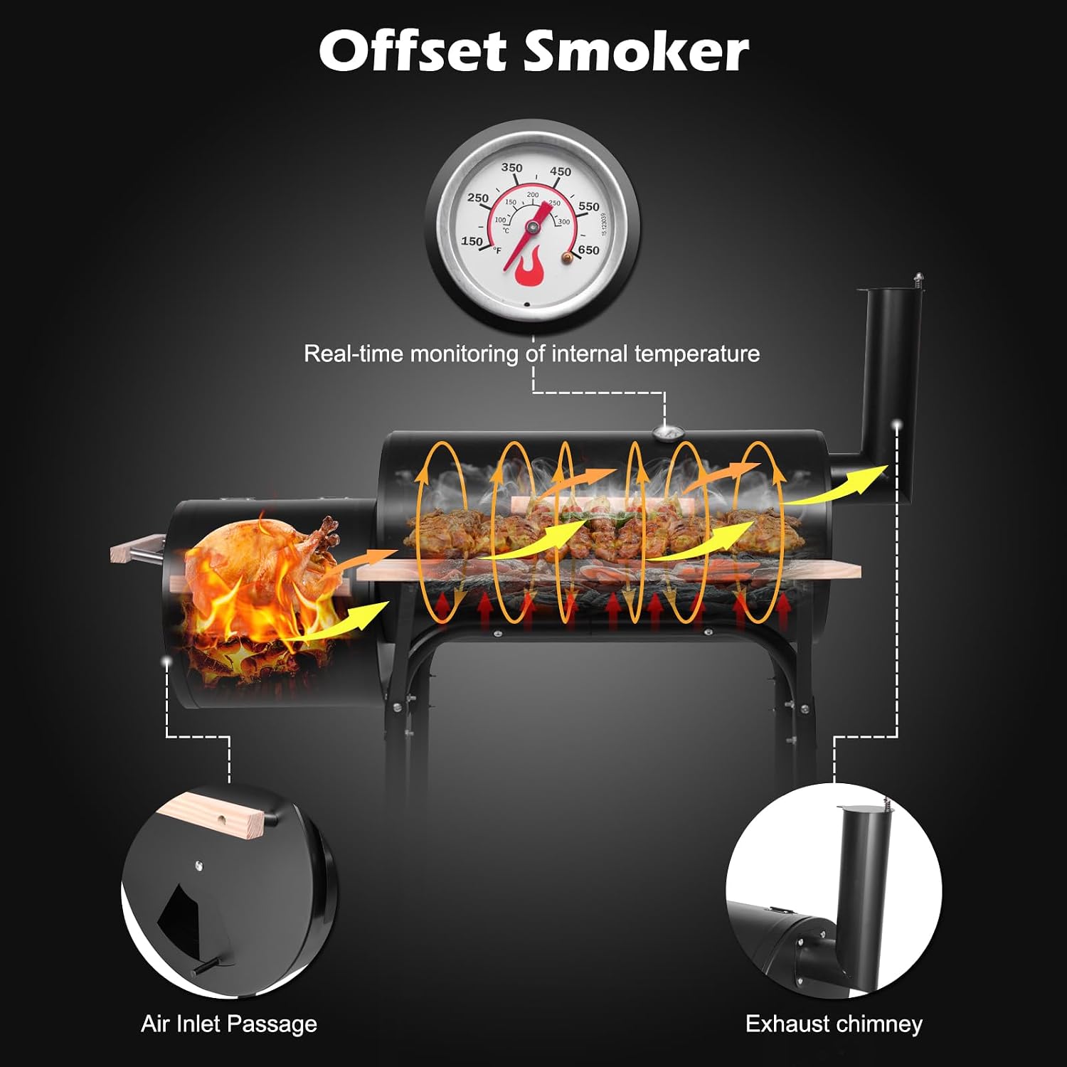 44in Large Barrel Charcoal Grills with Offset Smoker,Outdoor BBQ Grill,Vertical Picnic Barbecue Grills,Portable