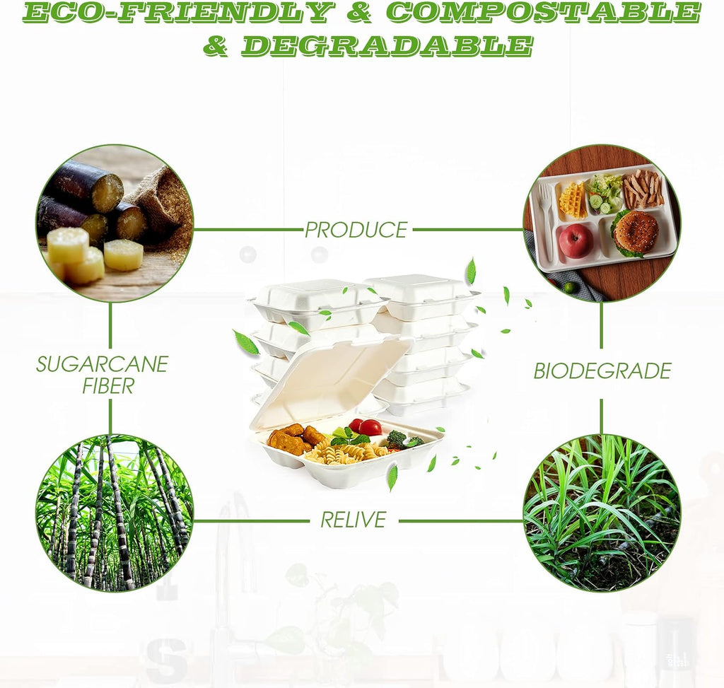 300 Pack Compostable Takeout Food Containers, 8x8 inch, 3 Compartment