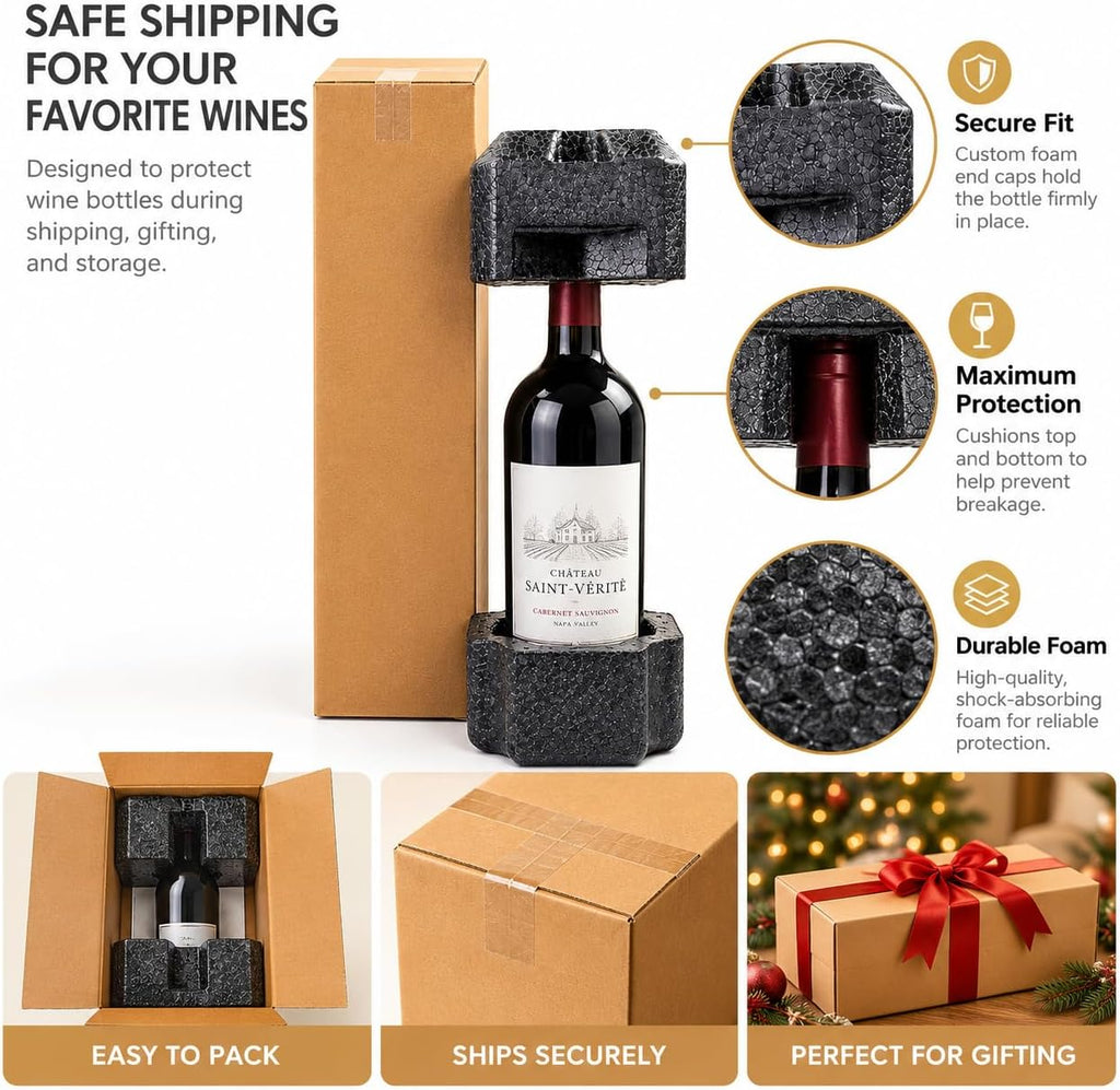 Single Bottle Wine Shipping Box with Protective Foam Insert, Recyclable Corrugated Mailer, Fits Most 750ml Wine