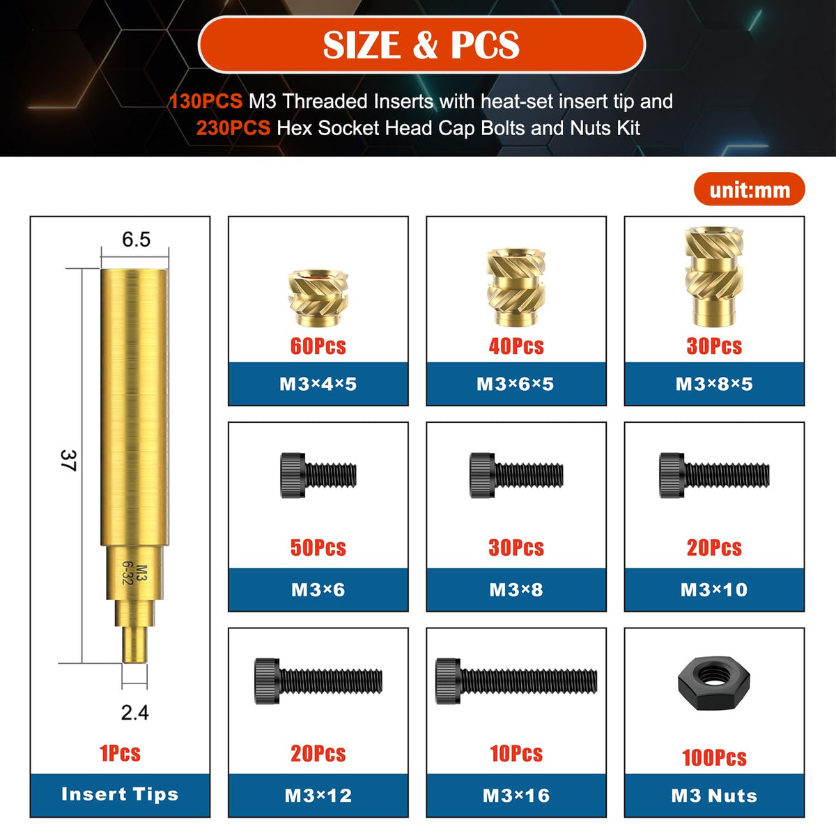 361Pcs M3 Heat Set Insert with Screws & Insert Tips Brass Threaded Inserts Female Knurled Nuts Assortment Kit for Plastic and 3D Printing Components