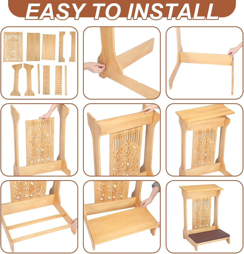 Tree of Life Church Prayer Bench Stool Wooden Padded Kneeler with Shelf and Cushion Prayer Kneeler for Home Church