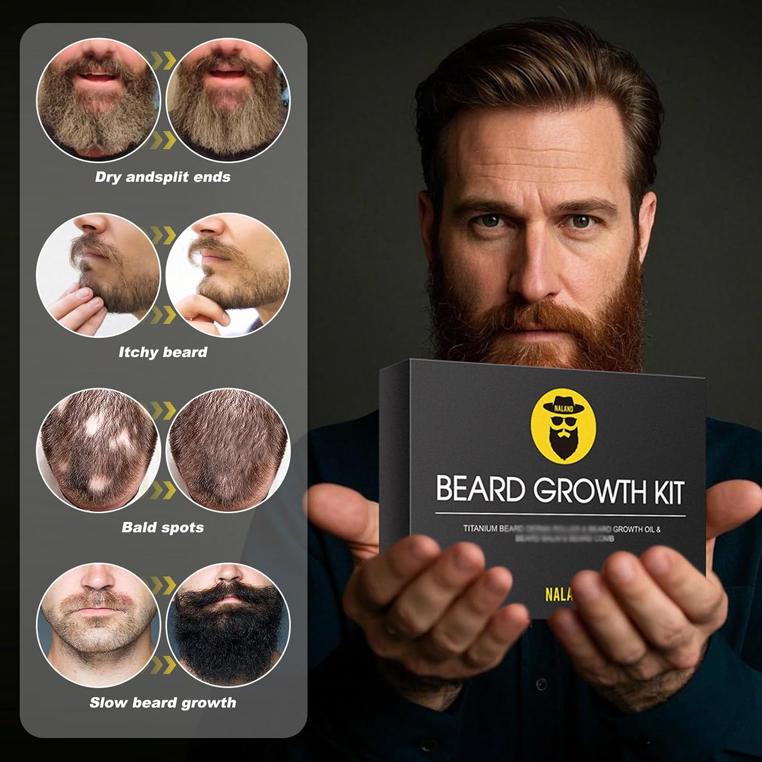 Beard Growth Kit - Beard Kit for Men with Beard Growth Oil (2oz), Beard Balm, Beard Comb, Massager for Spot/Patchy