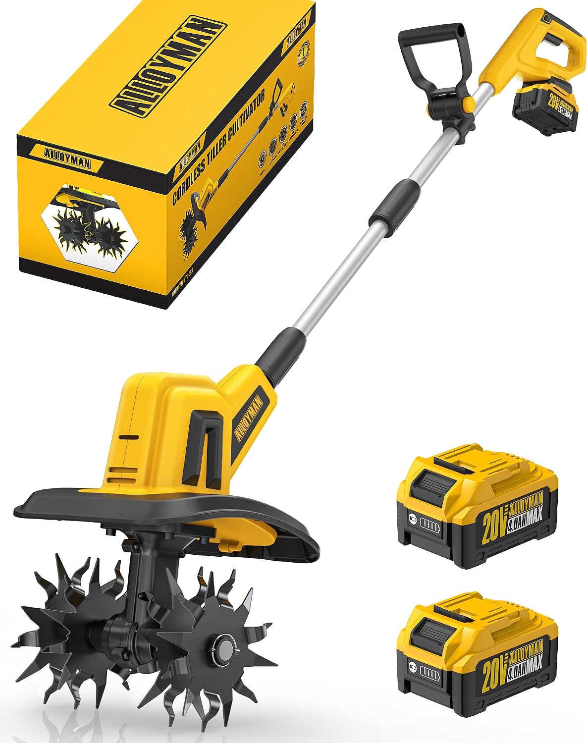 20V Cordless Tiller Cultivator, 360RPM Electric Garden Tiller, with 2 * 4.0Ah Batteries & Charger, 9In Tilling Width