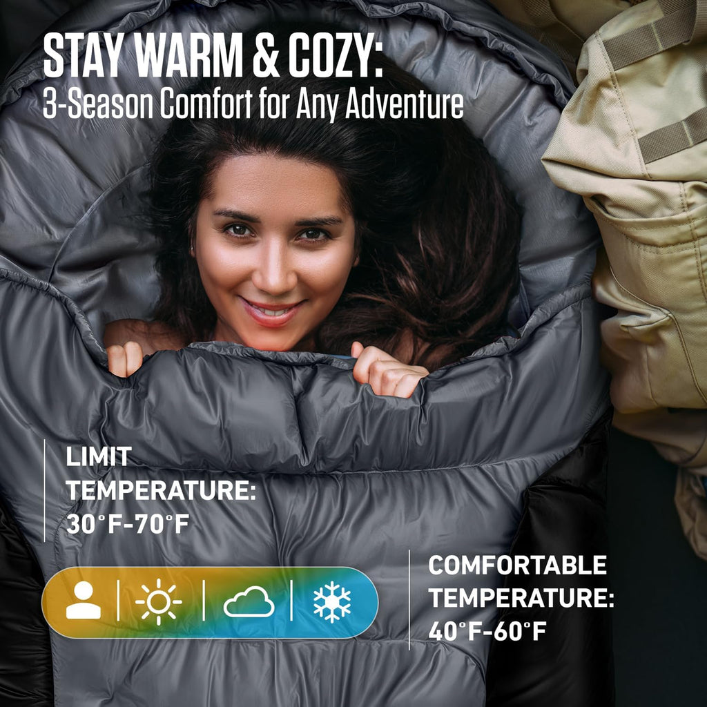 Backpacking Sleeping Bag for Camping - Single, XXL & Double | Water-resistant, breathable polyester. Compresses into