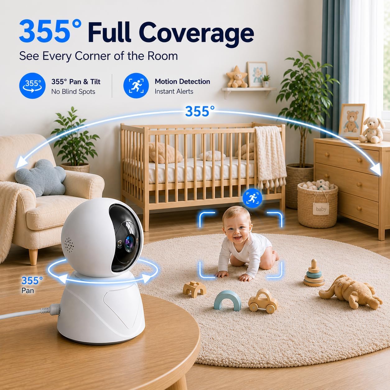 2K Indoor Security Camera, 5GHz Baby Monitor for Home, Pan Tilt | Dog Camera, 5GHz/2.4GHz WiFi, 355° Pan Tilt, Auto