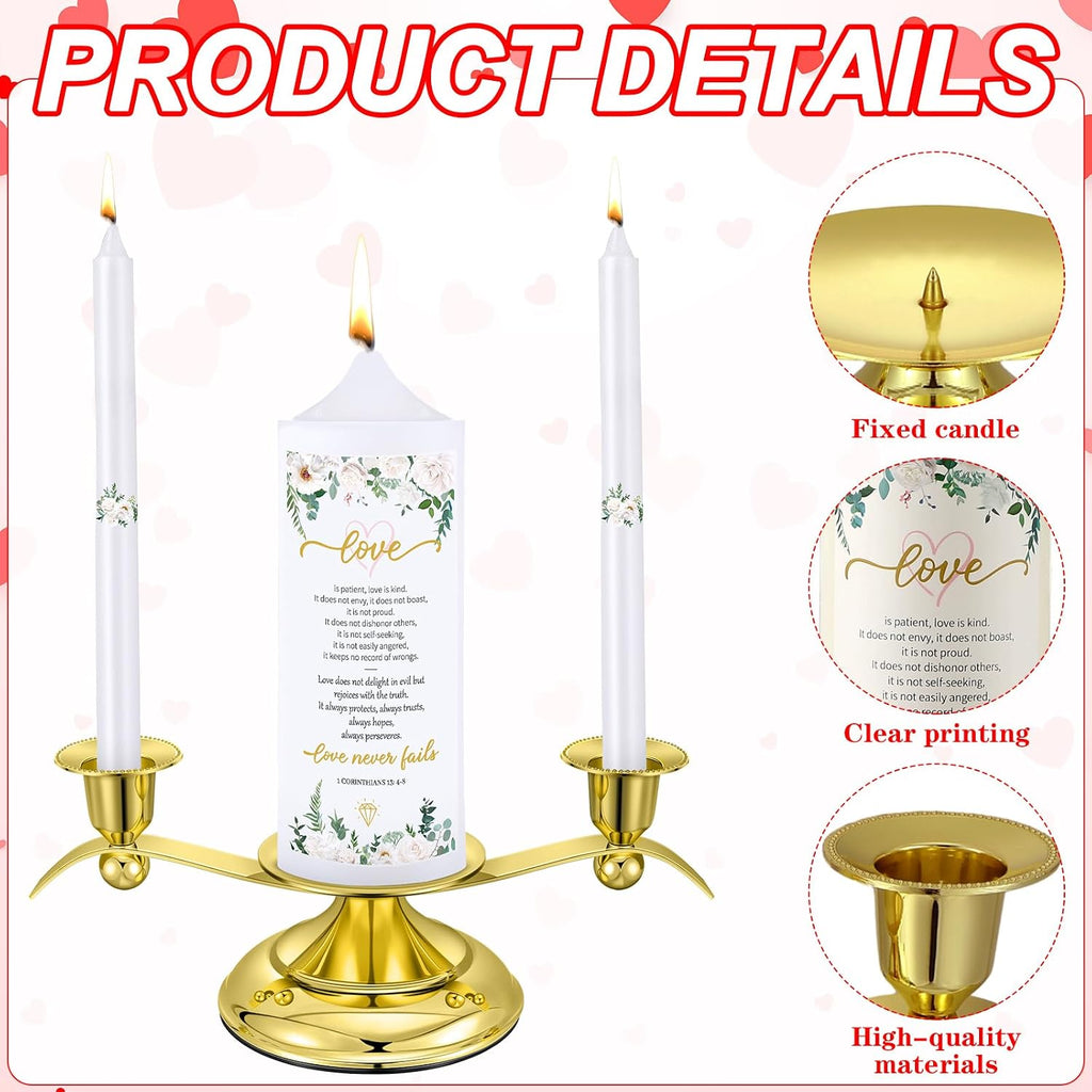 3 Unity Candles for Wedding Ceremony with Golden Stands White