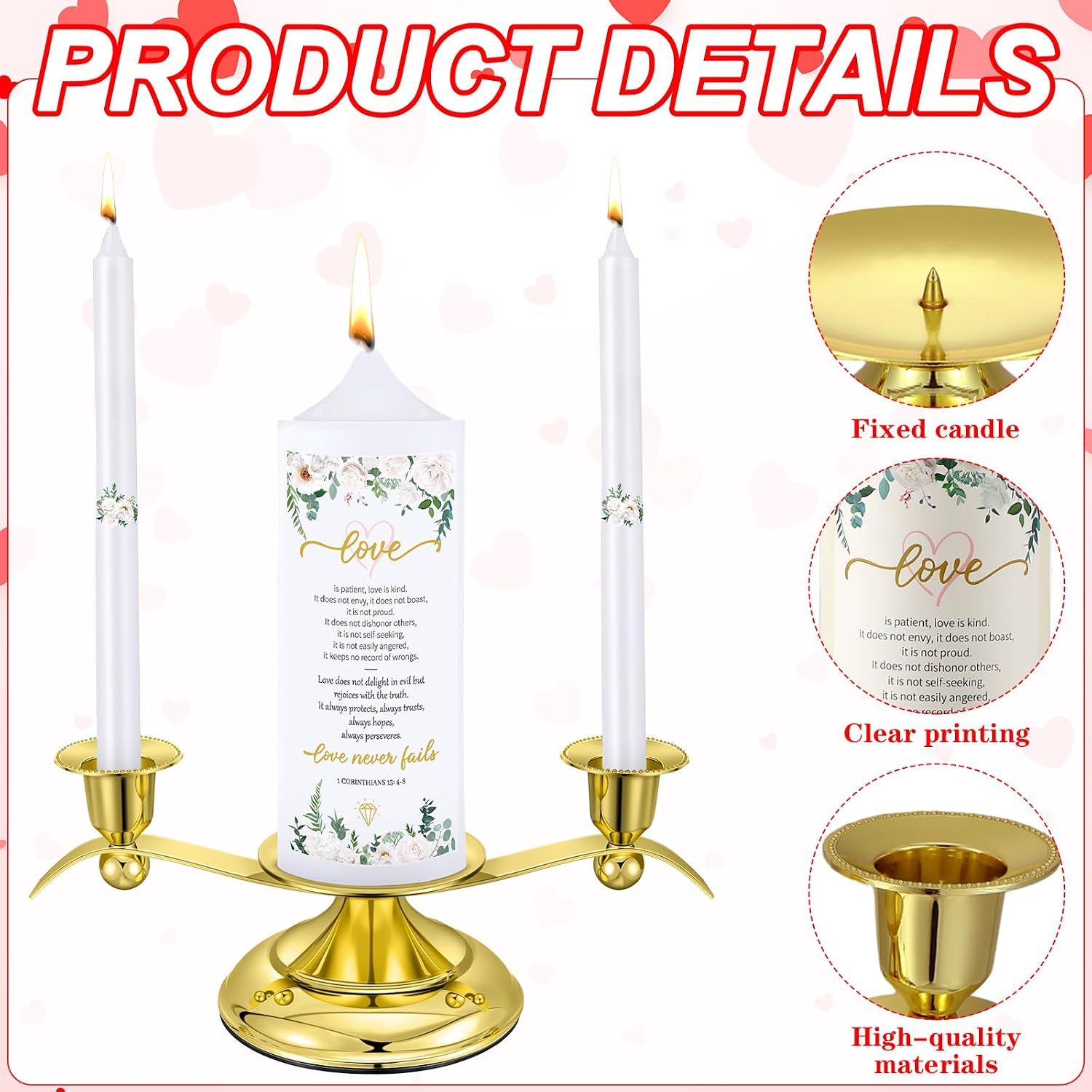 3 Unity Candles for Wedding Ceremony with Golden Stands White