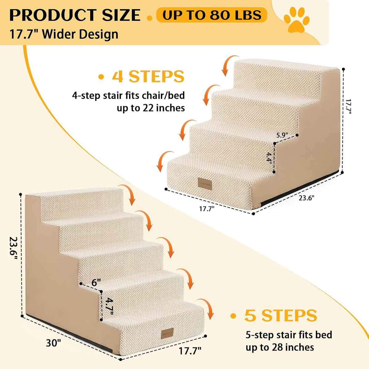 Dog Stairs for Small Dogs, 5 Tier Widened Pet Stairs for High Beds, 23.6" H Non-Slip Dog Steps for Puppy, Elderly, or