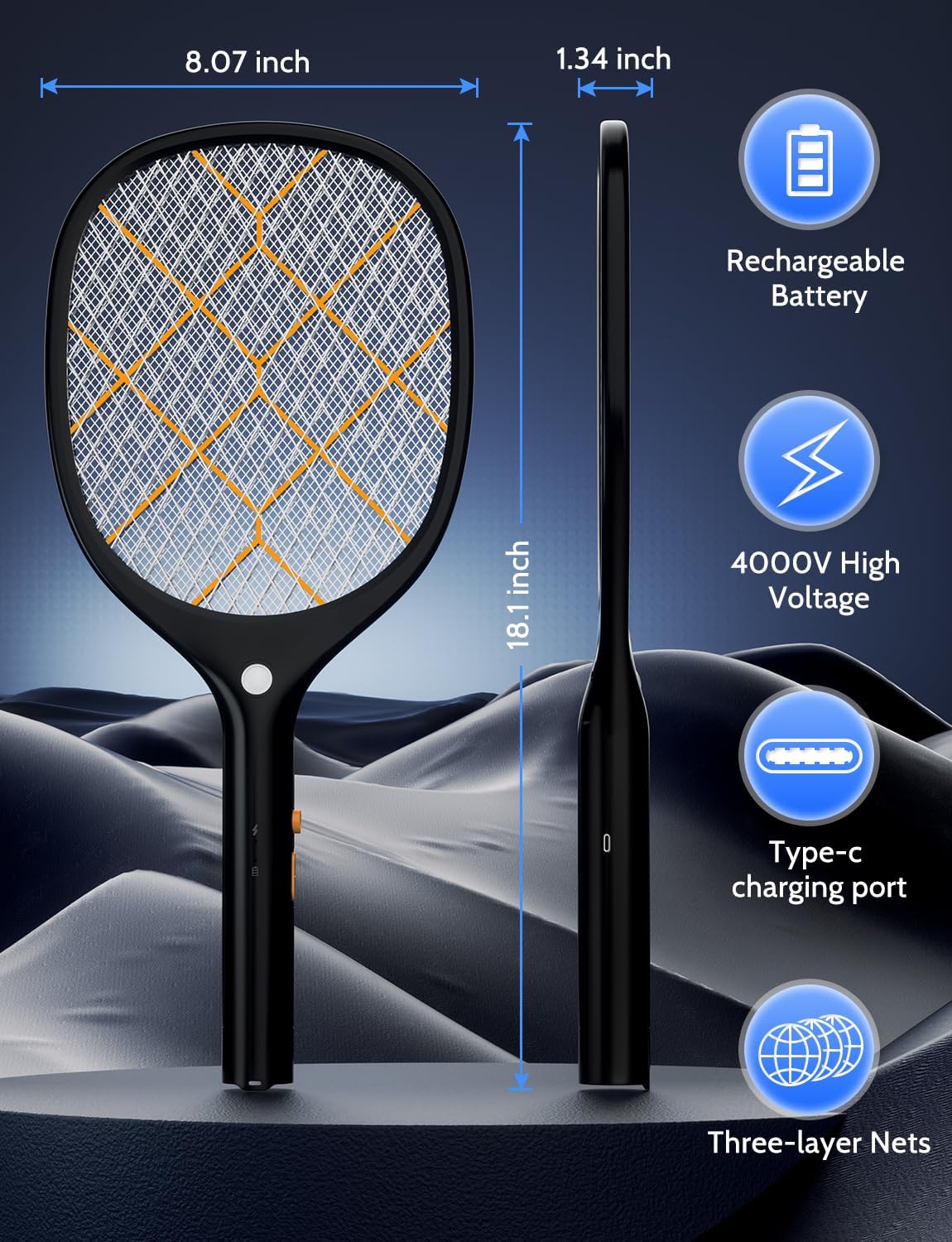 Electric Fly Swatter Bug Zapper Racket 4000V Rechargeable Mosquito Killer with LED Light for Indoor Home Office