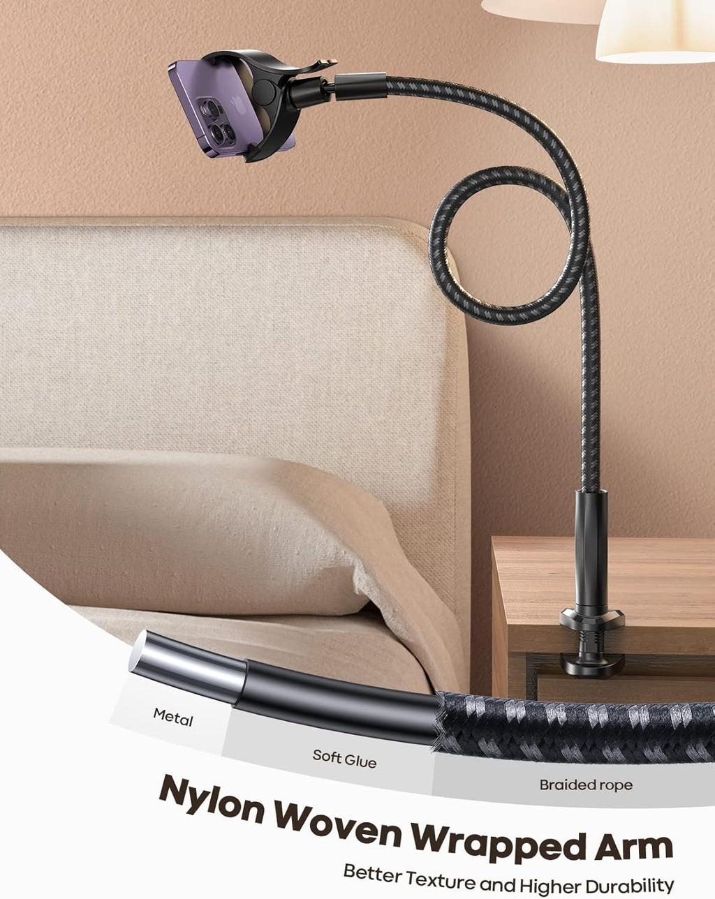 Gooseneck Phone Holder Bed - [Nylon Braided] Flexible Arm, 38inch Overall Length, 360 Adjustable Clamp Clip, Overhead