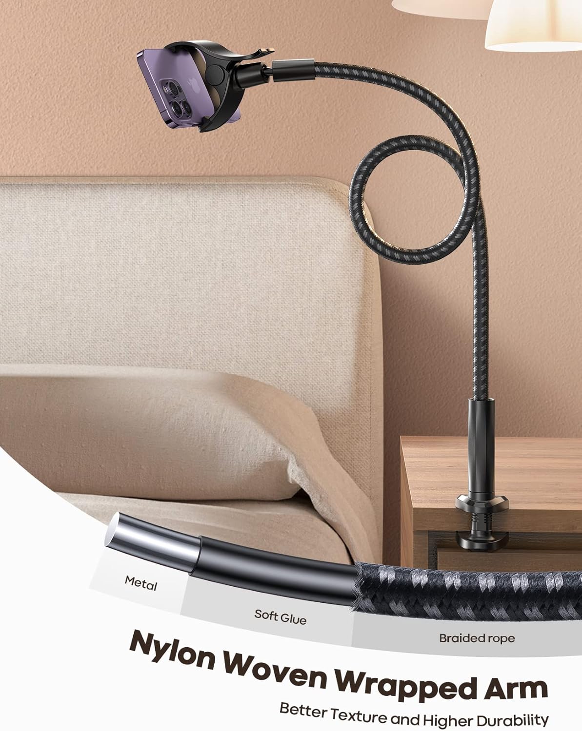 Gooseneck Phone Holder Bed - [Nylon Braided] Flexible Arm, 38inch Overall Length, 360 Adjustable Clamp Clip, Overhead