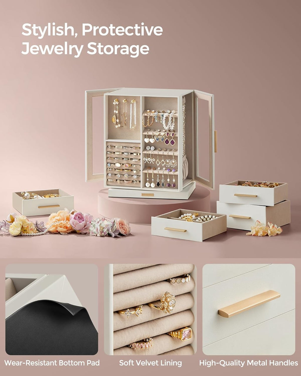 GISELLA Collection - Jewelry Box Organizer 360° Rotating, Vertical Jewelry Storage Case with 5 Drawers, Glass Window