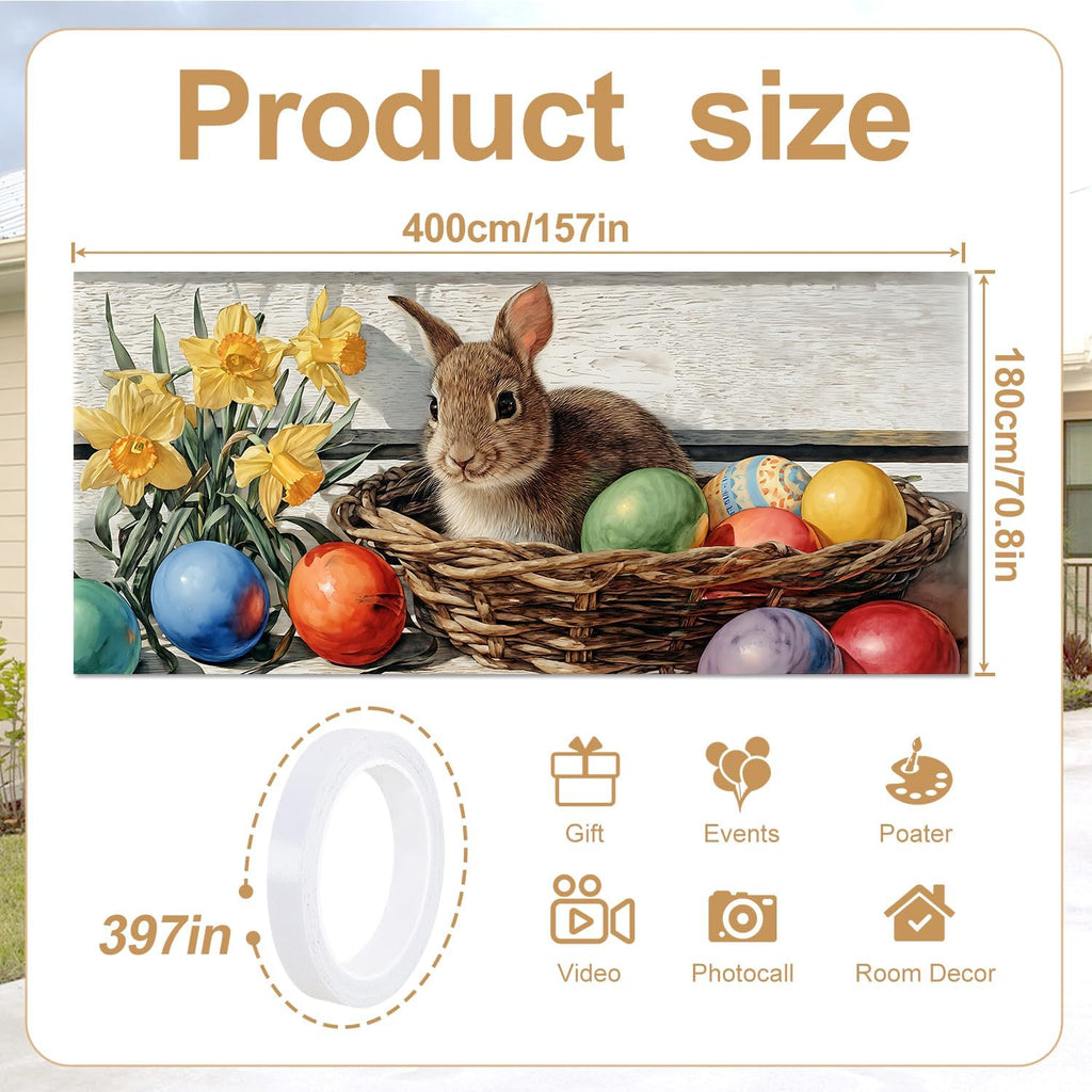 Easter Garage Door Cover Banner, Bunny in Basket with Colorful Easter Eggs and Daffodils, Rustic Spring Outdoor