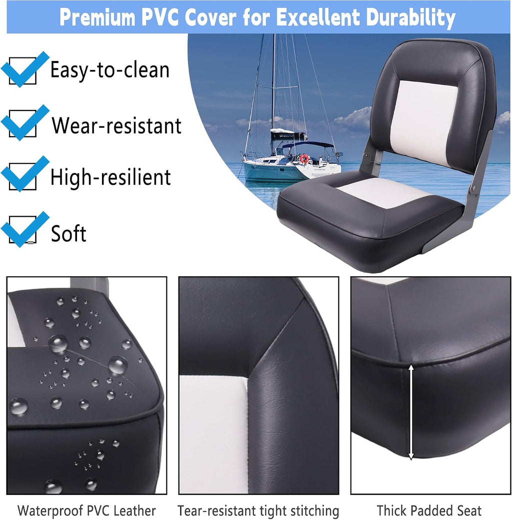 Classic Low Back Folding Fishing Boat Seat 2 Pack, White/Charcoal | Marine Boat Captain Chairs With Thick Cushion