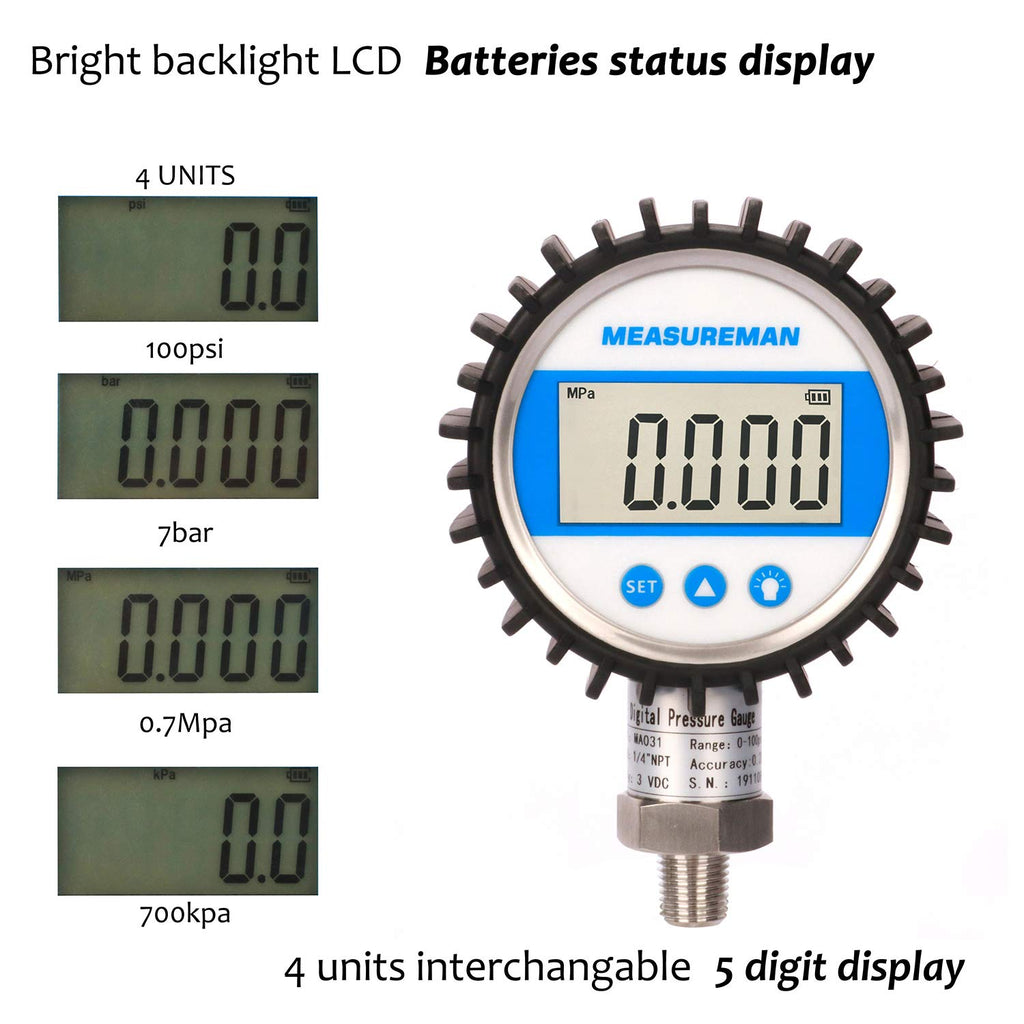 MEASUREMAN 3-1/8" Dial Size, Digital Pressure Gauge, 0-100psi/bar/Mpa/Kpa, 1/4" NPT Lower Mount, 0.25% Accuracy