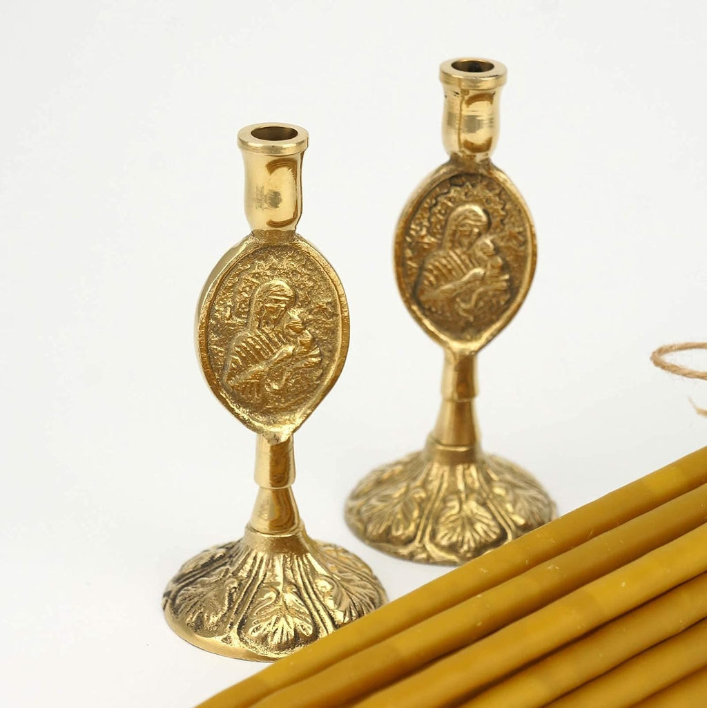 Set of 2 Theotokos Design Brass Candle Holders and 20 Pure Beeswax Church Candles, Orthodox Tapers, Home Altar