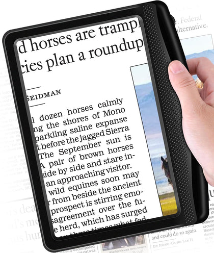 Rechargeable 5X Magnifying Glass for Reading, Large Bright Full Page Magnifier with Light, Handheld LED Dimmable