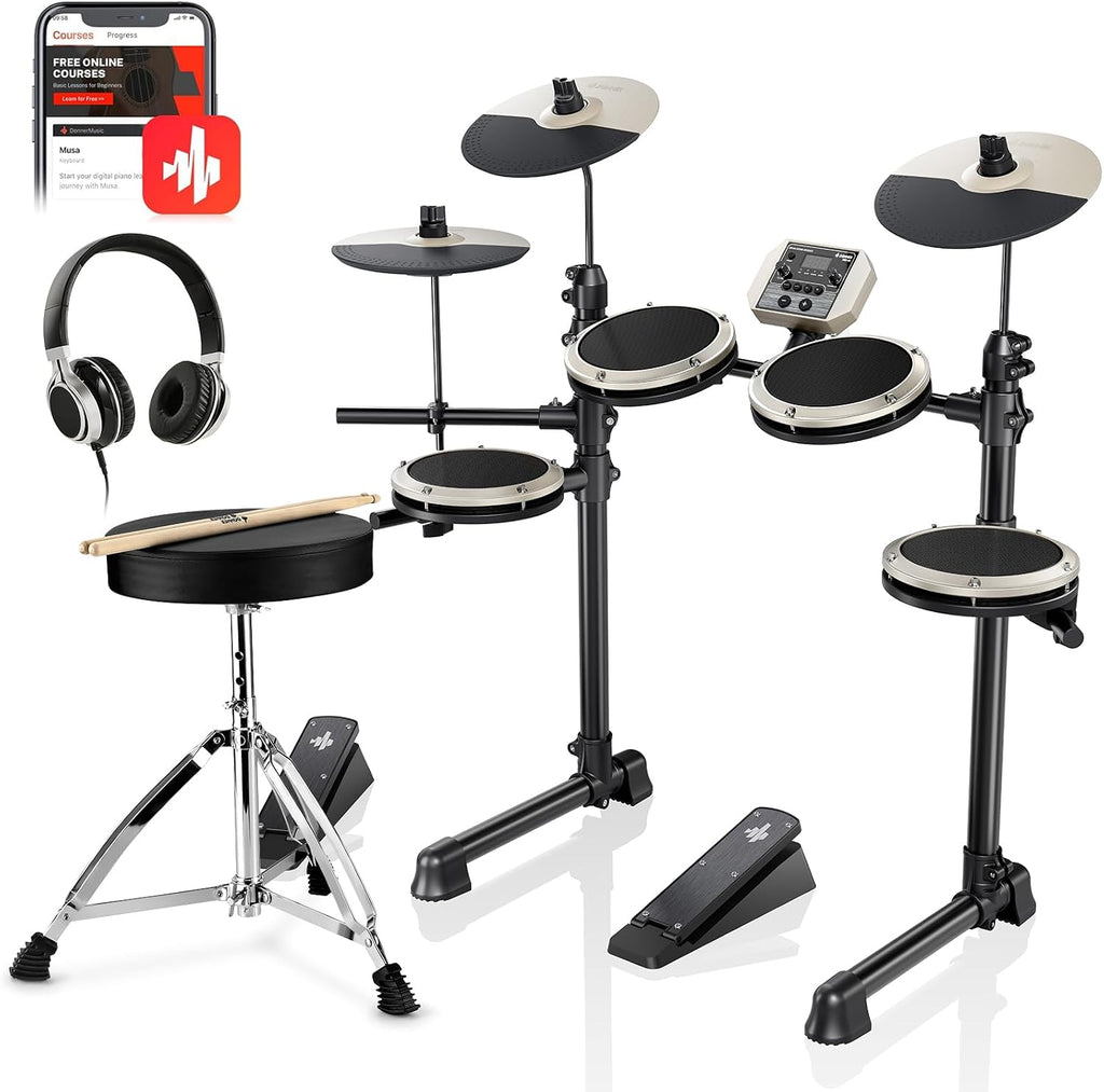 DED-80 Electric Drum Kit with 4 Quiet Mesh Pads, 180+ Sounds, 30 Demo Songs, 10" Cymbals, 2 Pedals, Throne