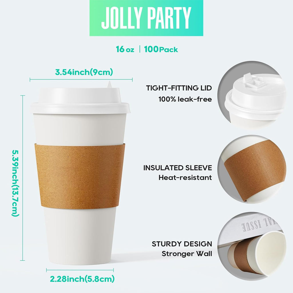 100 Pack 16 oz Disposable Paper Coffee Cups with Lids & Sleeves