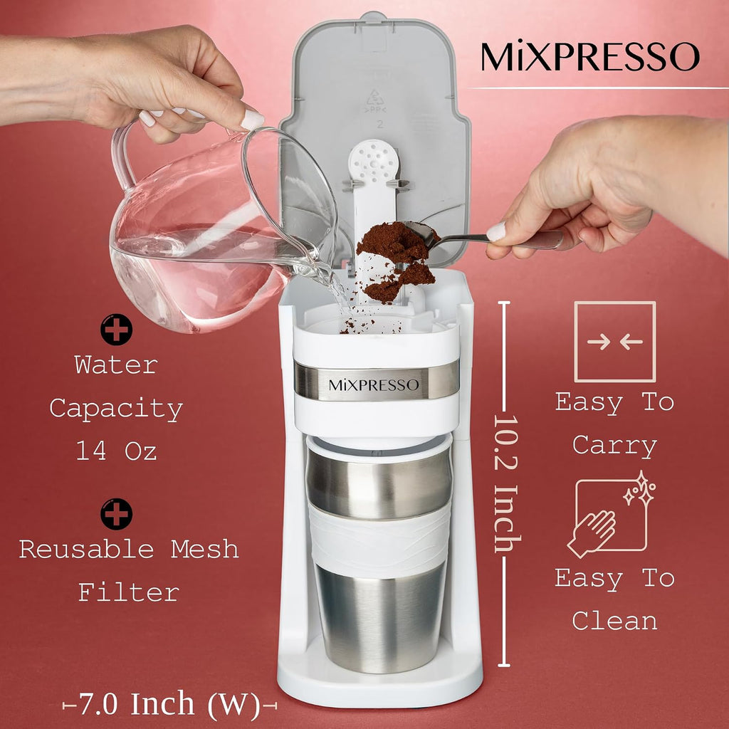 Single Serve & Single Cup Coffee Maker with 14oz Travel Mug White | For ground coffee only, reusable filter, auto