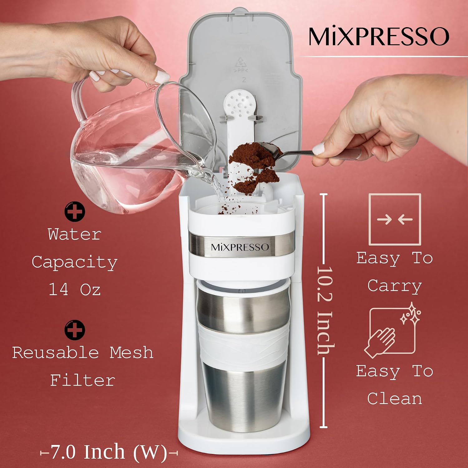 Single Serve & Single Cup Coffee Maker with 14oz Travel Mug White | For ground coffee only, reusable filter, auto