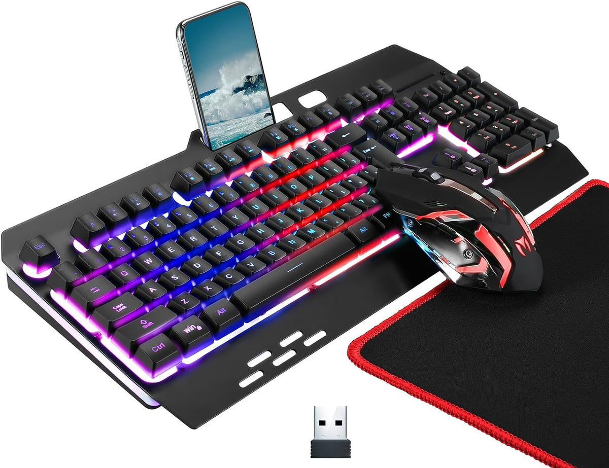 Wireless RGB Gaming Keyboard and Mouse - Rechargeable Backlit,Long Battery Life,Metal Panel Mechanical Feel with Palm