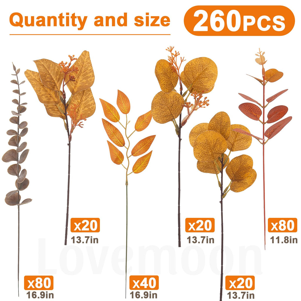 260 Pcs Fall Mixed Greenery Artificial Eucalyptus Stems, Orange