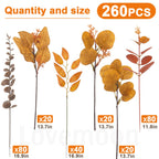 260 Pcs Fall Mixed Greenery Artificial Eucalyptus Stems, Orange