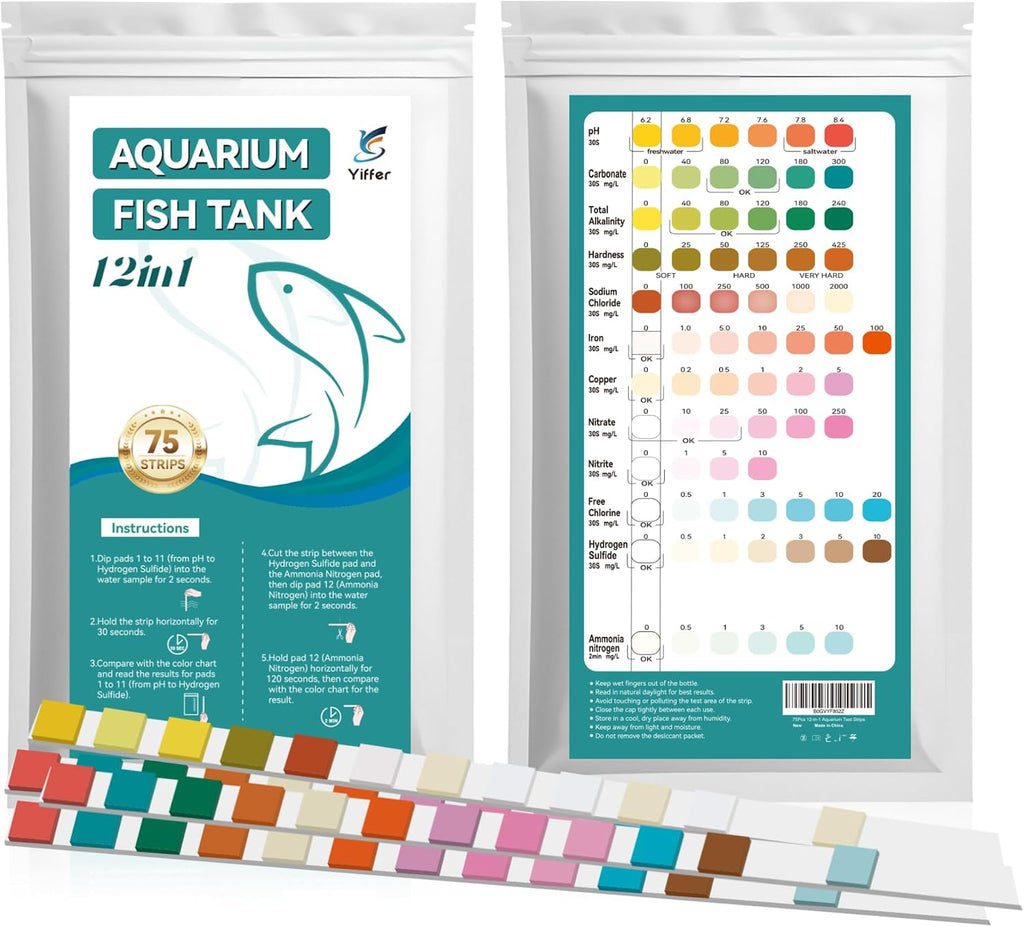 12-in-1 Aquarium Test Strips with Ammonia,75 Strips