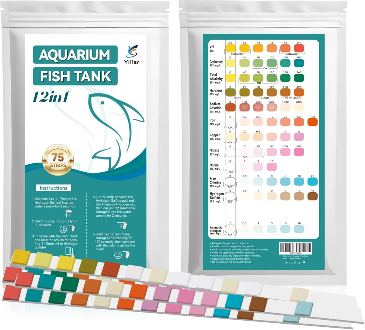 12-in-1 Aquarium Test Strips with Ammonia,75 Strips