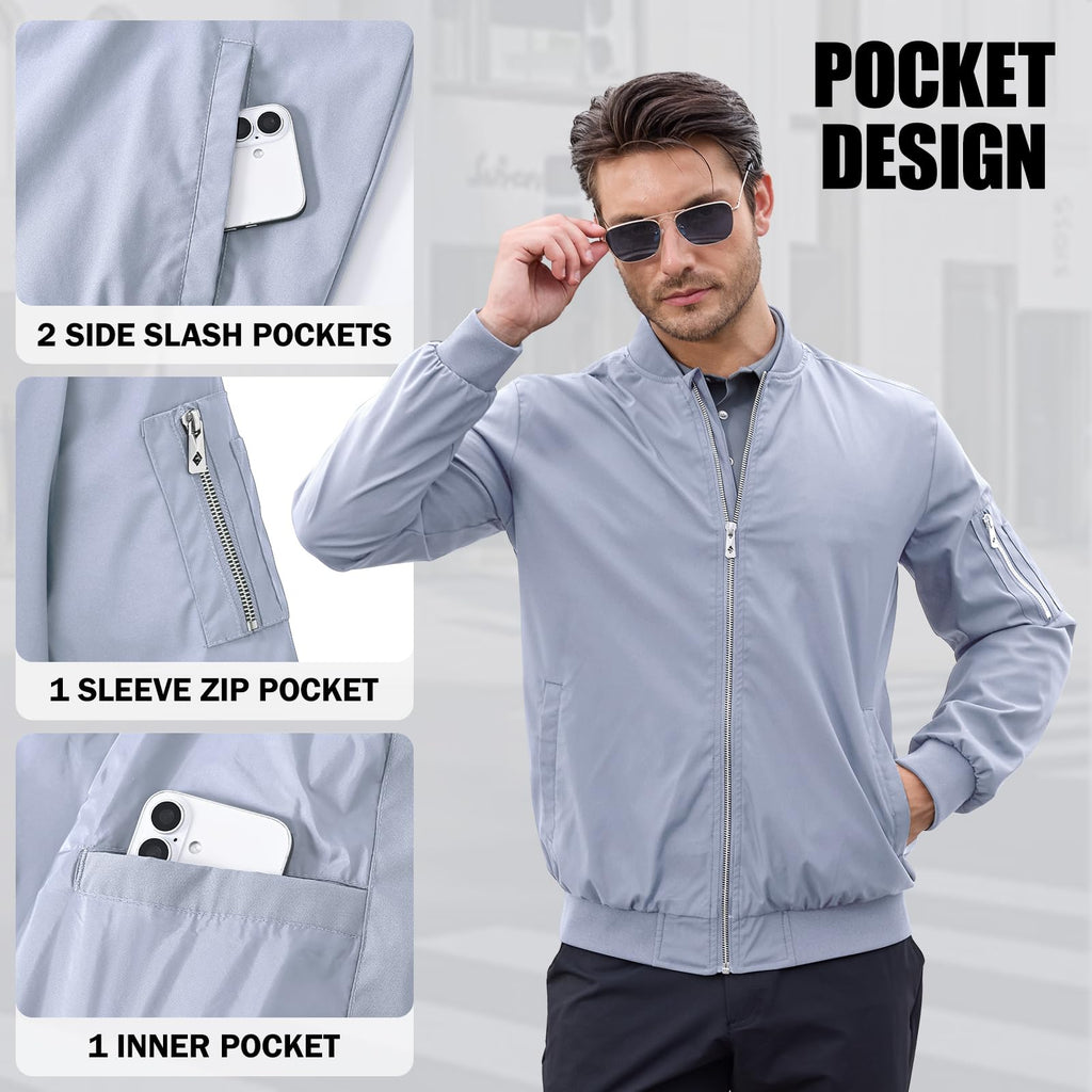 Men’s Lightweight Bomber Jacket Casual Full Zip Spring Fall Windbreaker Coat with Pockets Light Gray M