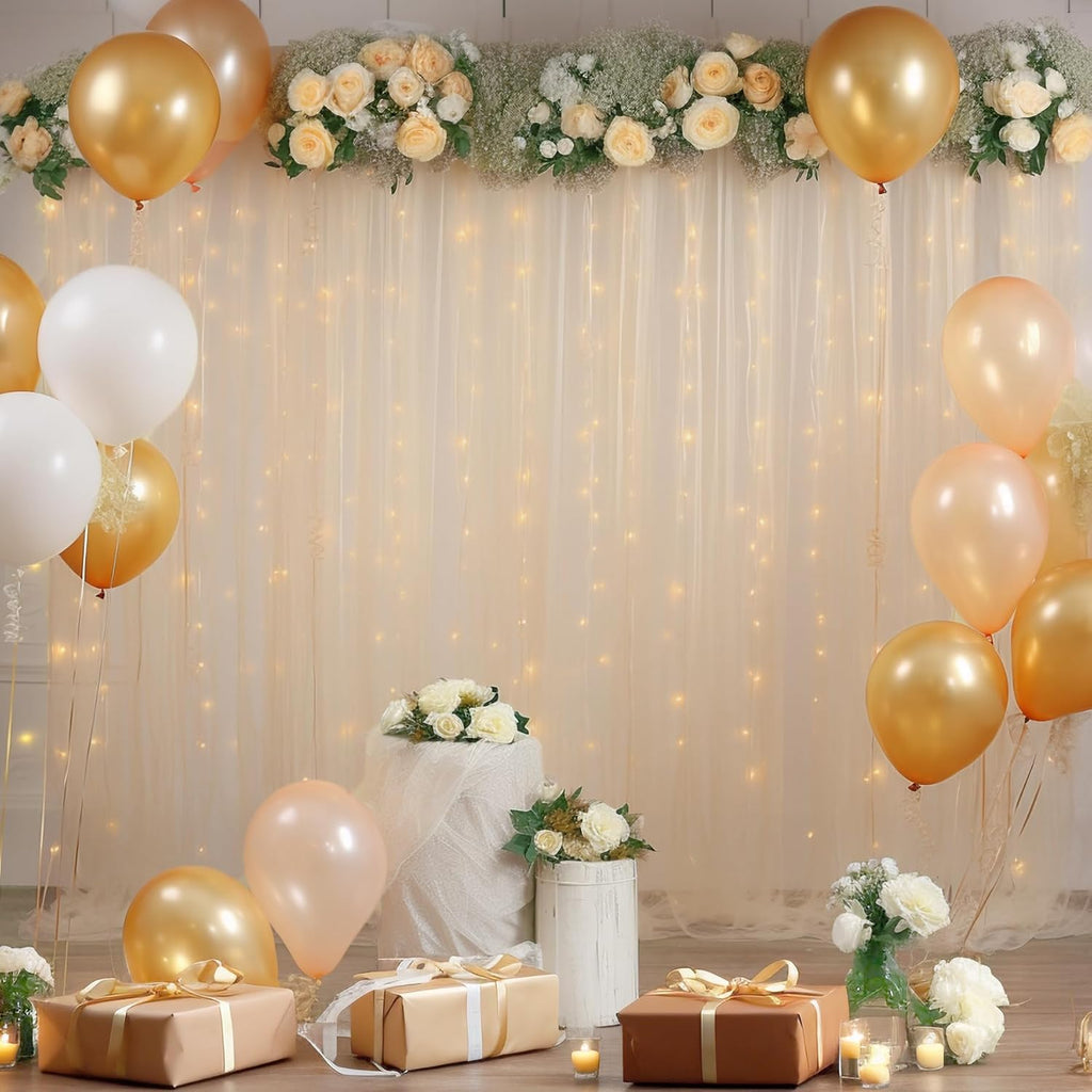 10ft x 10ft Champagne Backdrop Curtain with Lights String for Parties, Sheer Wedding Photo Backdrops Drapes for Baby