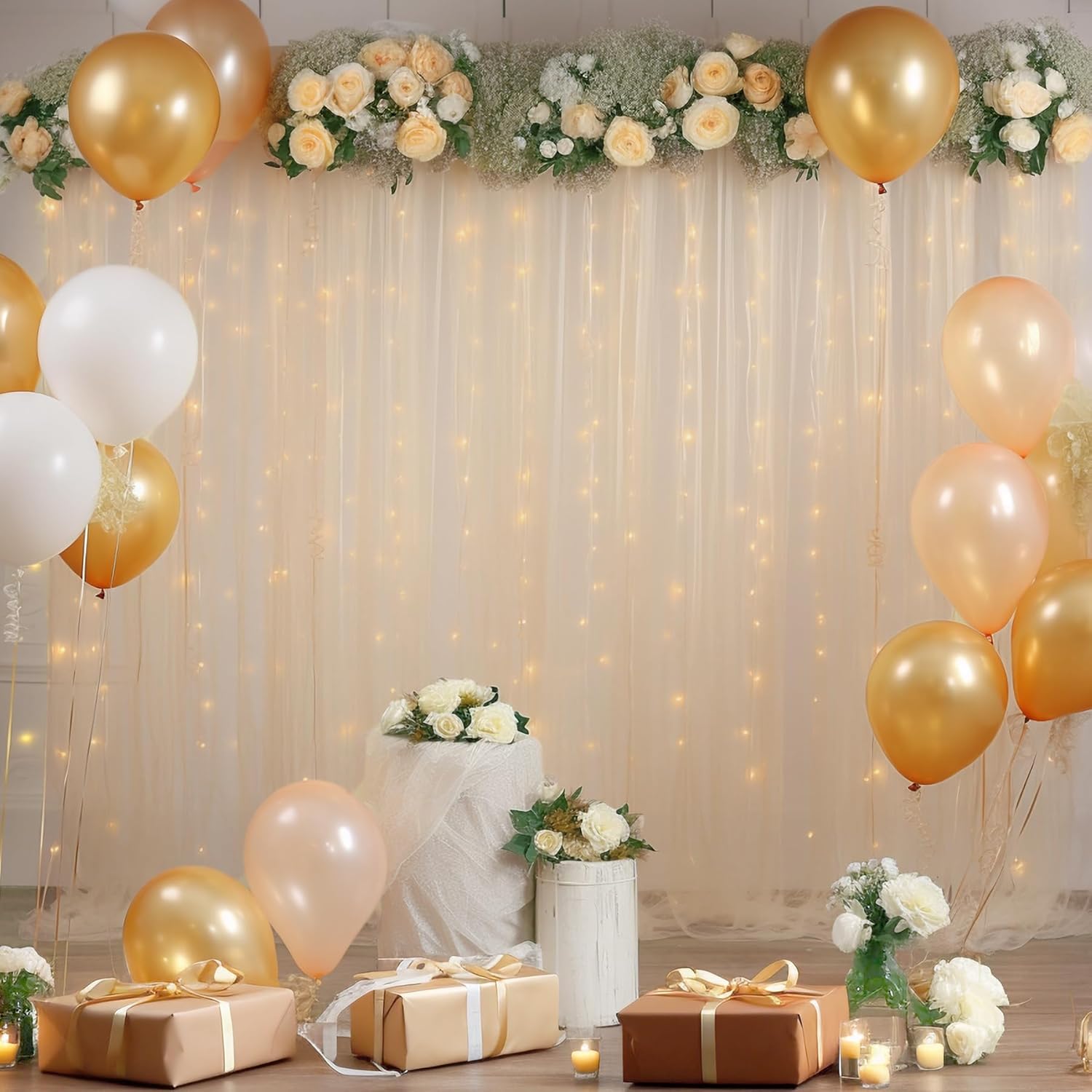 10ft x 10ft Champagne Backdrop Curtain with Lights String for Parties, Sheer Wedding Photo Backdrops Drapes for Baby